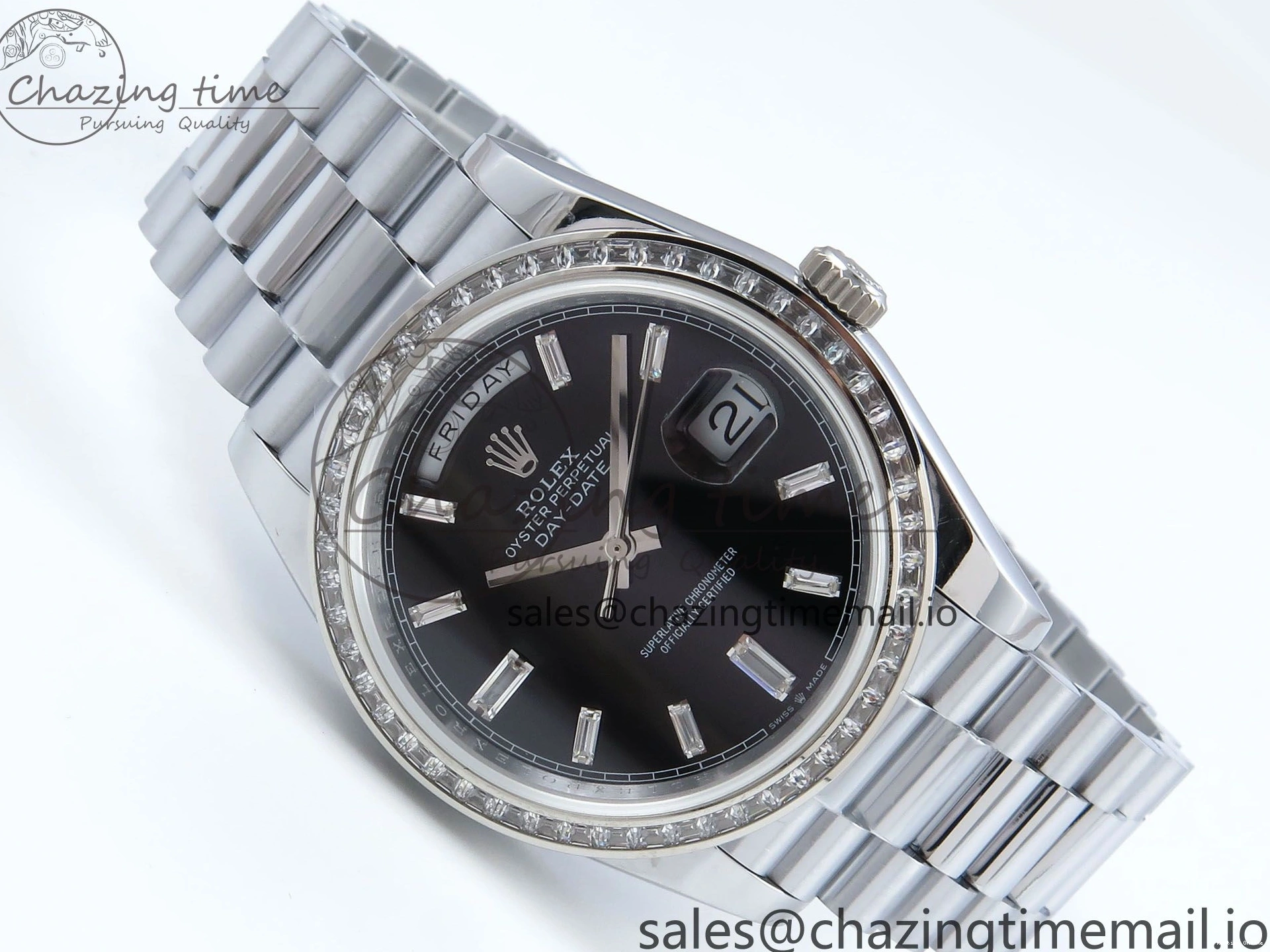 1221 Soft DayDate 40 SS QF 1:1 Best Edition Black Crystal Dial Diamonds Bezel on President Bracelet A2836 V5 (Gain Weight) 477
